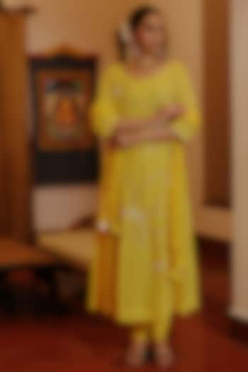 Yellow Cotton Embroidered Kalidar Kurta Set by Nazar By Indu