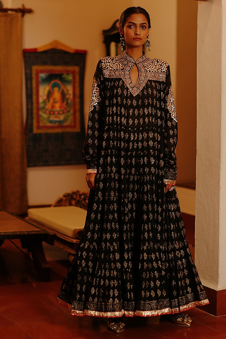 Black Cotton Dabka Embroidered & Printed Crushed Anarkali Set by Nazar By Indu