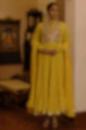 Yellow Cotton Dabka Embroidered Frilled Anarkali Set by Nazar By Indu at Pernia's Pop Up Shop