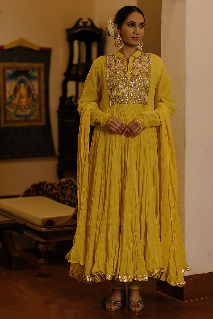 Yellow Cotton Dabka Embroidered Frilled Anarkali Set by Nazar By Indu at Pernia's Pop Up Shop