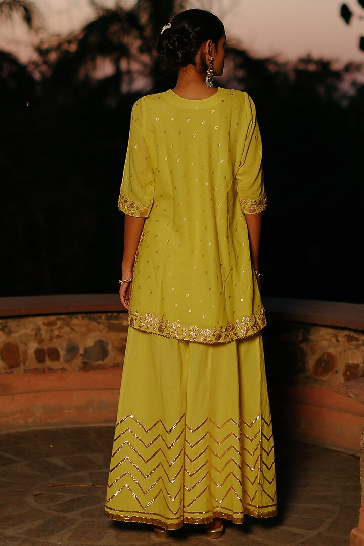 Lime Green Cotton Khadi Printed & Gota Work Short Kurta Set by Nazar By Indu at Pernia's Pop Up Shop