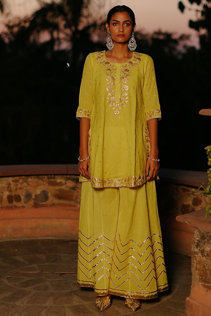 Lime Green Cotton Khadi Printed & Gota Work Short Kurta Set by Nazar By Indu at Pernia's Pop Up Shop