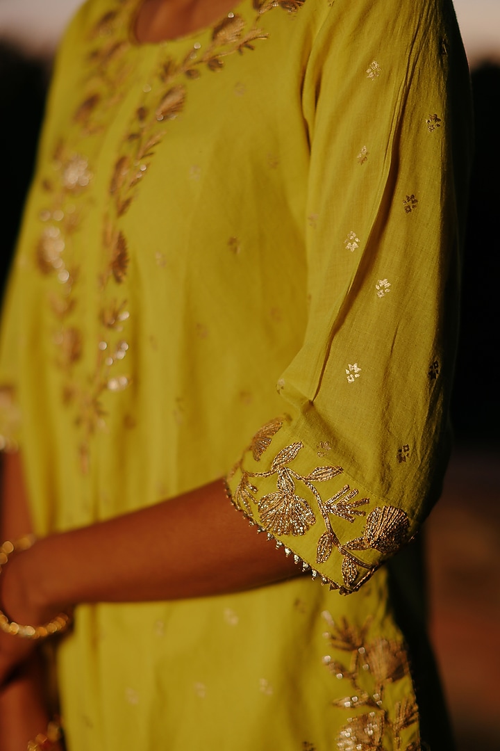 Lime Green Cotton Khadi Printed & Gota Work Short Kurta Set by Nazar By Indu at Pernia's Pop Up Shop