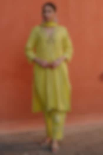 Lime Green Cotton Embroidered Kurta Set by Nazar By Indu at Pernia's Pop Up Shop