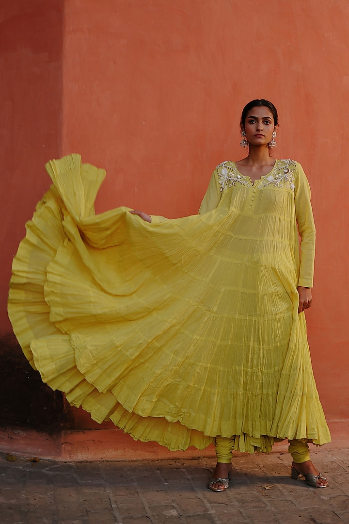 Lime Green Cotton Sequins Work Frilled Anarkali Set by Nazar By Indu