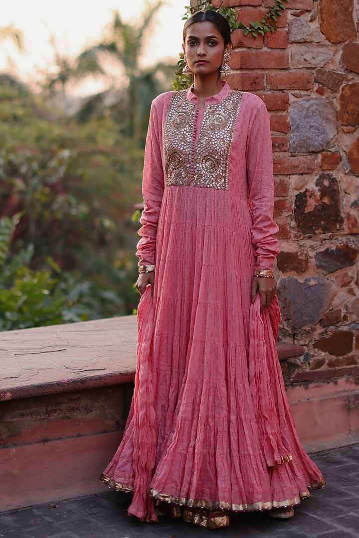 Pink Cotton Khadi Printed & Sequins Embroidered Anarkali Set by Nazar By Indu at Pernia's Pop Up Shop