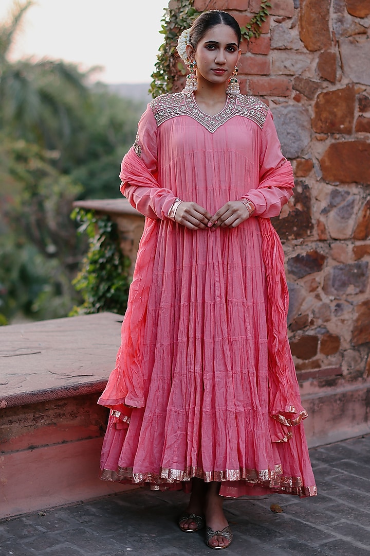 Pink Cotton Sequins Embroidered Crushed Anarkali Set by Nazar By Indu at Pernia's Pop Up Shop