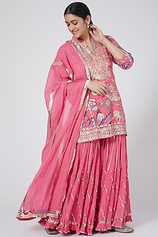Magenta Kalamkari Embroidered Gharara Set by Nazar By Indu