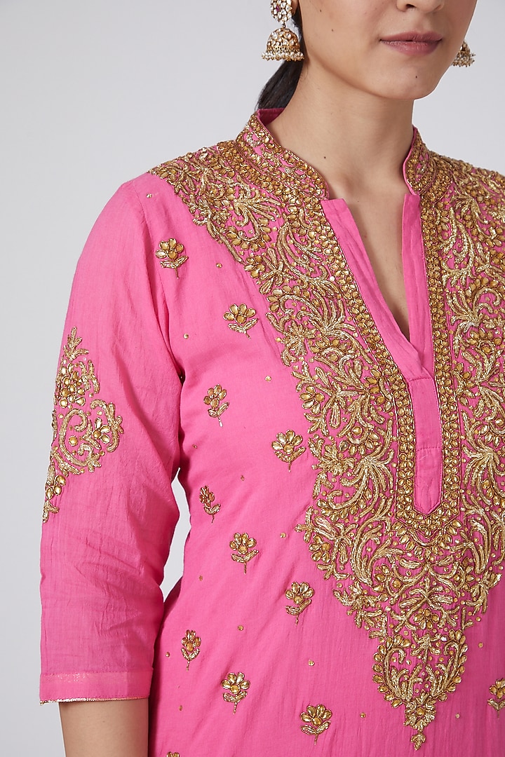 Magenta Pure Cotton Gota Embroidered Gharara Set by Nazar By Indu at Pernia's Pop Up Shop