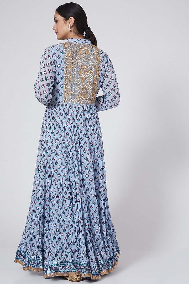 Grey Sequins & Block Printed Wedding Anarkali Set by Nazar By Indu at Pernia's Pop Up Shop