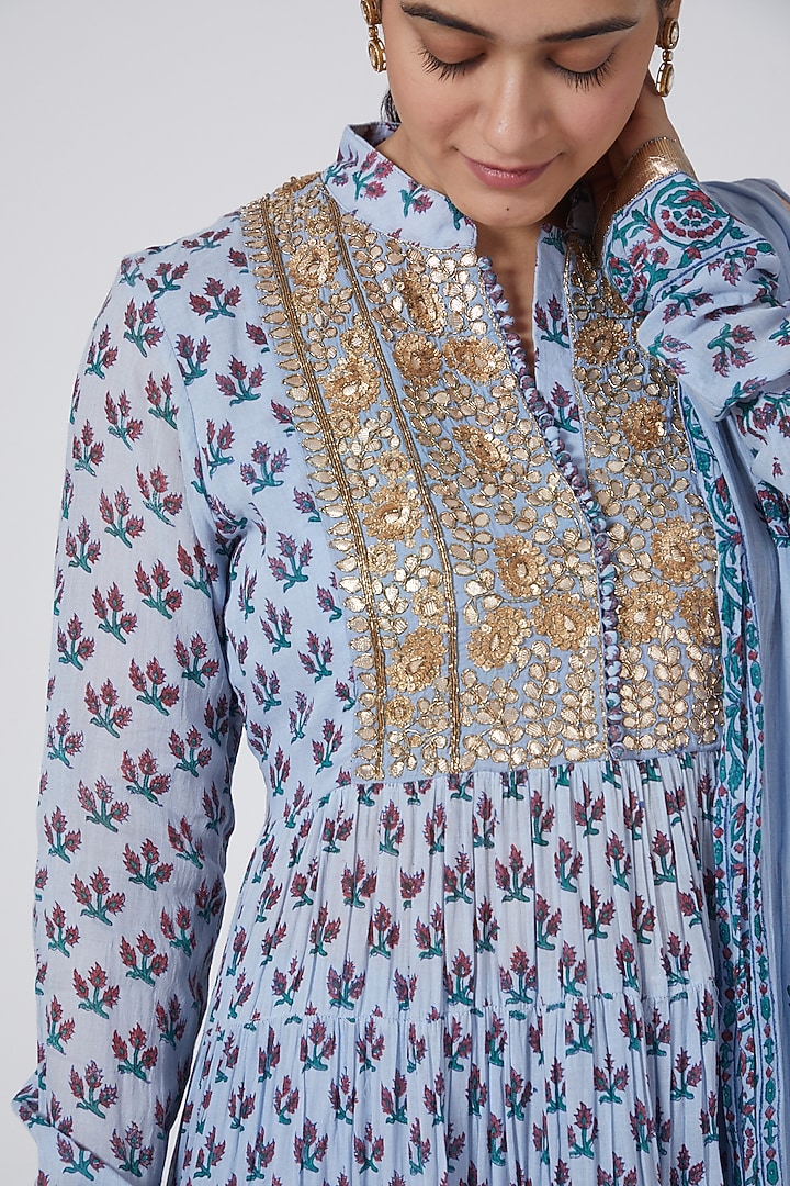 Grey Sequins & Block Printed Wedding Anarkali Set by Nazar By Indu at Pernia's Pop Up Shop