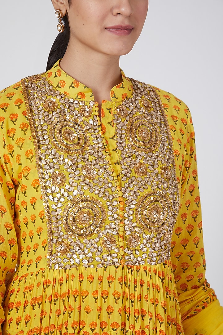 Yellow Printed Wedding Anarkali Set by Nazar By Indu at Pernia's Pop Up Shop