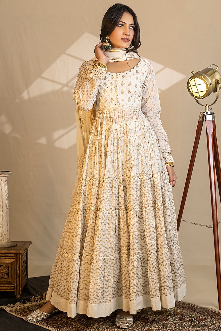 Ivory Cotton Embroidered & Printed Anarkali Set by Nazar By Indu