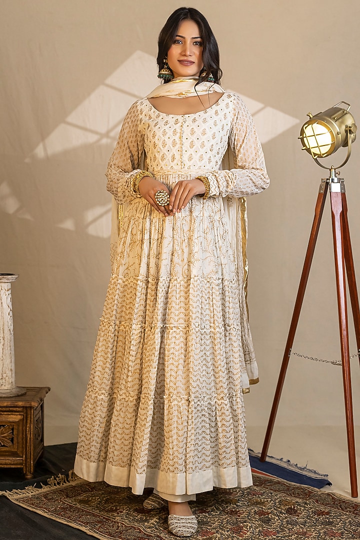 Ivory Cotton Embroidered & Printed Party Wear Anarkali Set by Nazar By Indu at Pernia's Pop Up Shop
