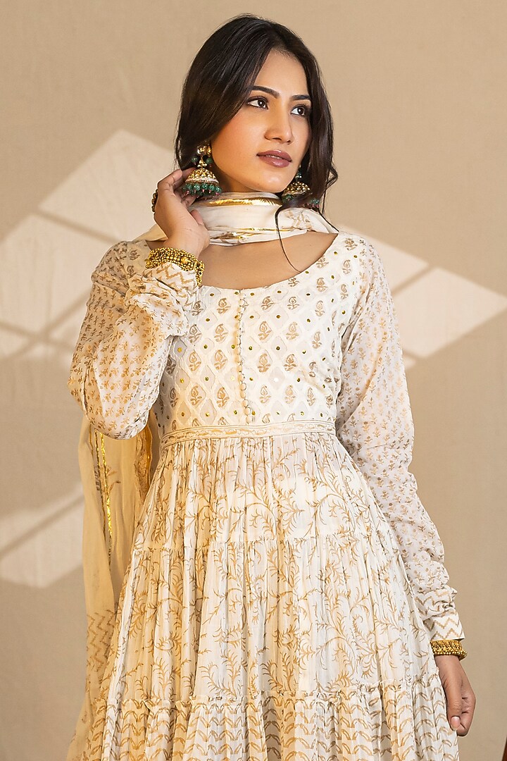 Ivory Cotton Embroidered & Printed Party Wear Anarkali Set by Nazar By Indu at Pernia's Pop Up Shop