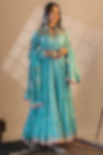 Turquoise Cotton Printed Anarkali Set by Nazar By Indu