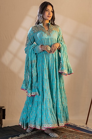 Turquoise Cotton Printed Anarkali Set by Nazar By Indu