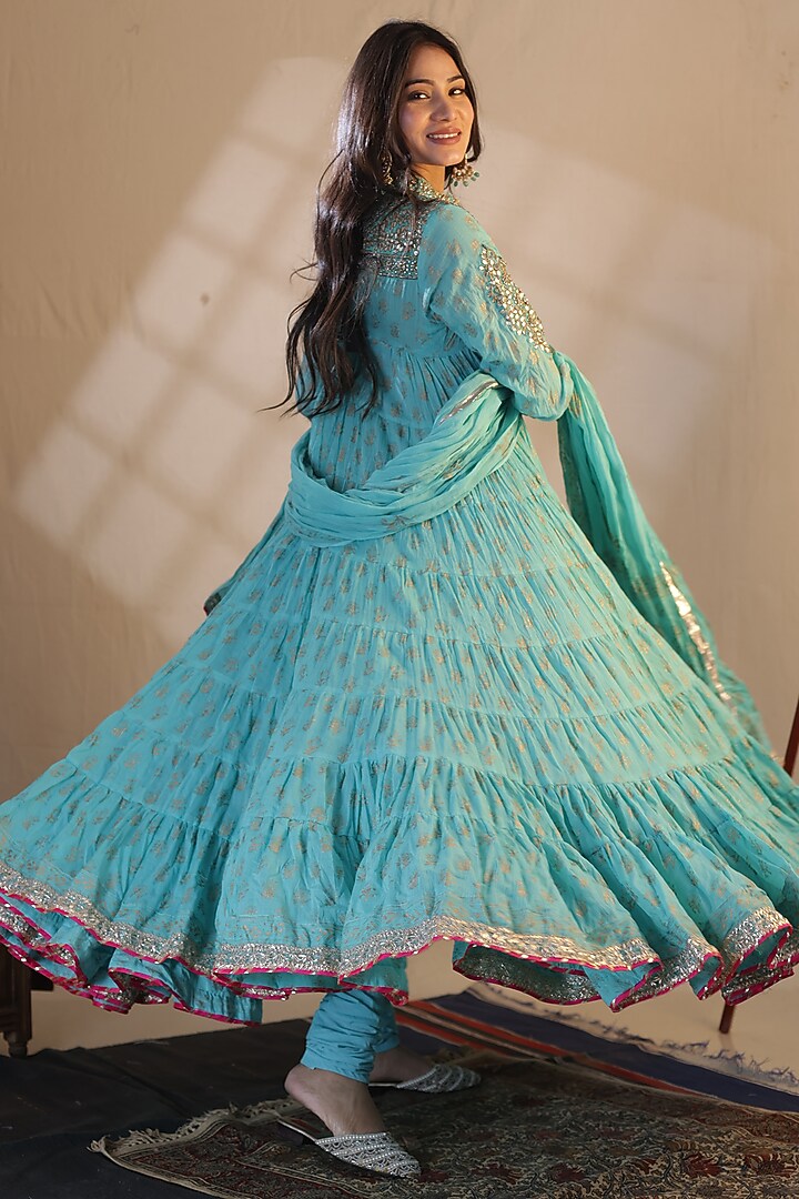 Turquoise Cotton Printed Party Wear Anarkali Set by Nazar By Indu at Pernia's Pop Up Shop
