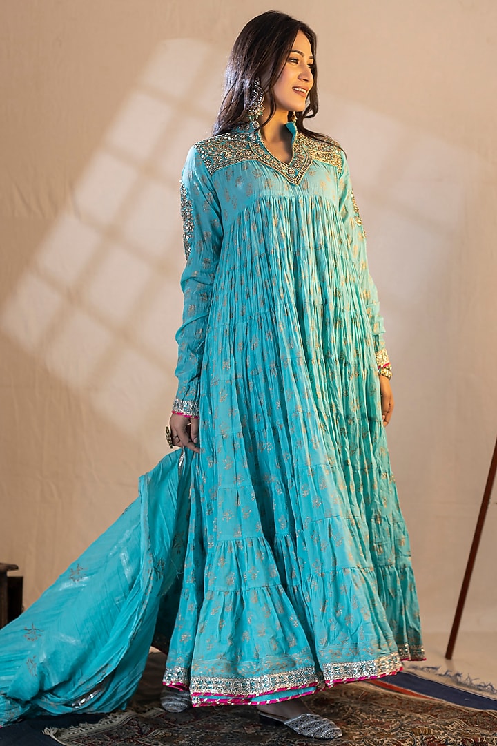 Turquoise Cotton Printed Party Wear Anarkali Set by Nazar By Indu at Pernia's Pop Up Shop