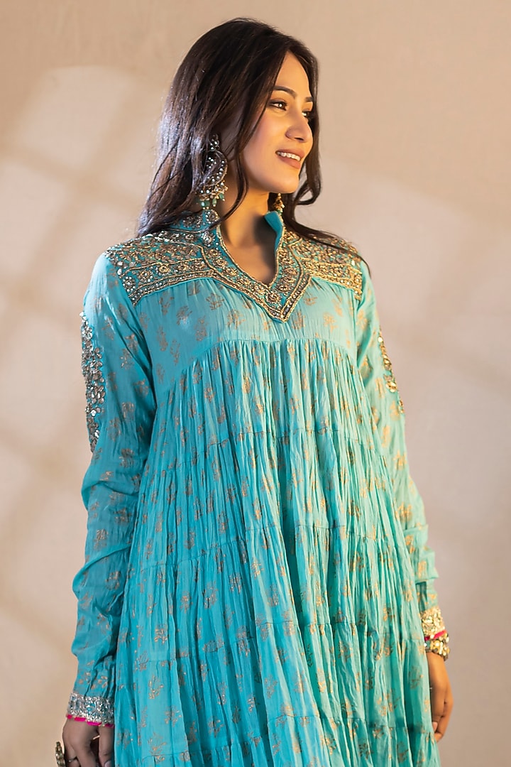 Turquoise Cotton Printed Party Wear Anarkali Set by Nazar By Indu at Pernia's Pop Up Shop