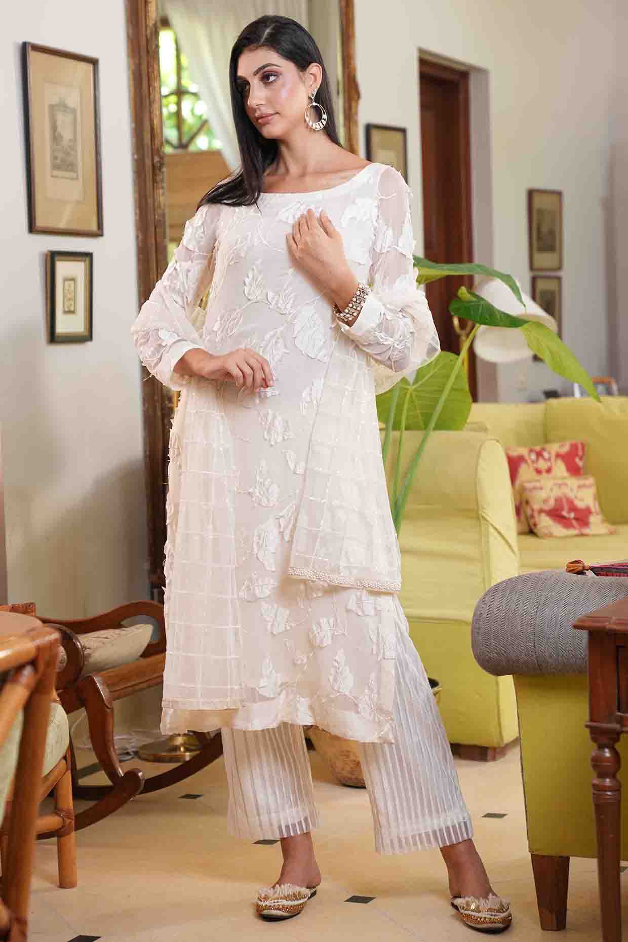 White Georgette & Net Embroidered Kurta Set by Nazar By Indu at Pernia's Pop Up Shop