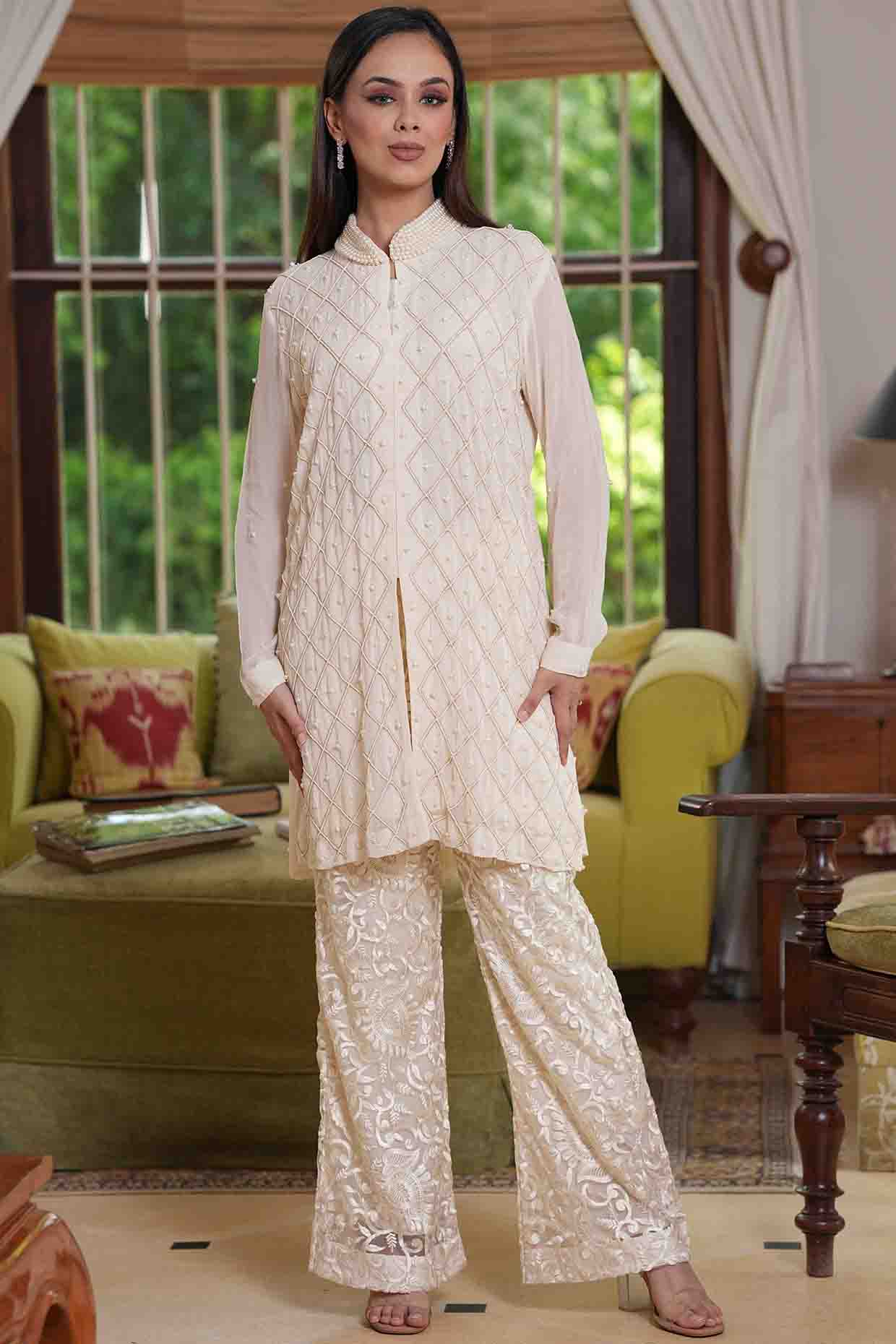 White Georgette & Net Embroidered Co-Ord Set by Nazar By Indu at Pernia's Pop Up Shop