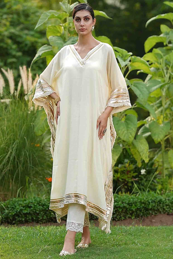 Off-White Cotton Embroidered Kaftan Set by Nazar By Indu
