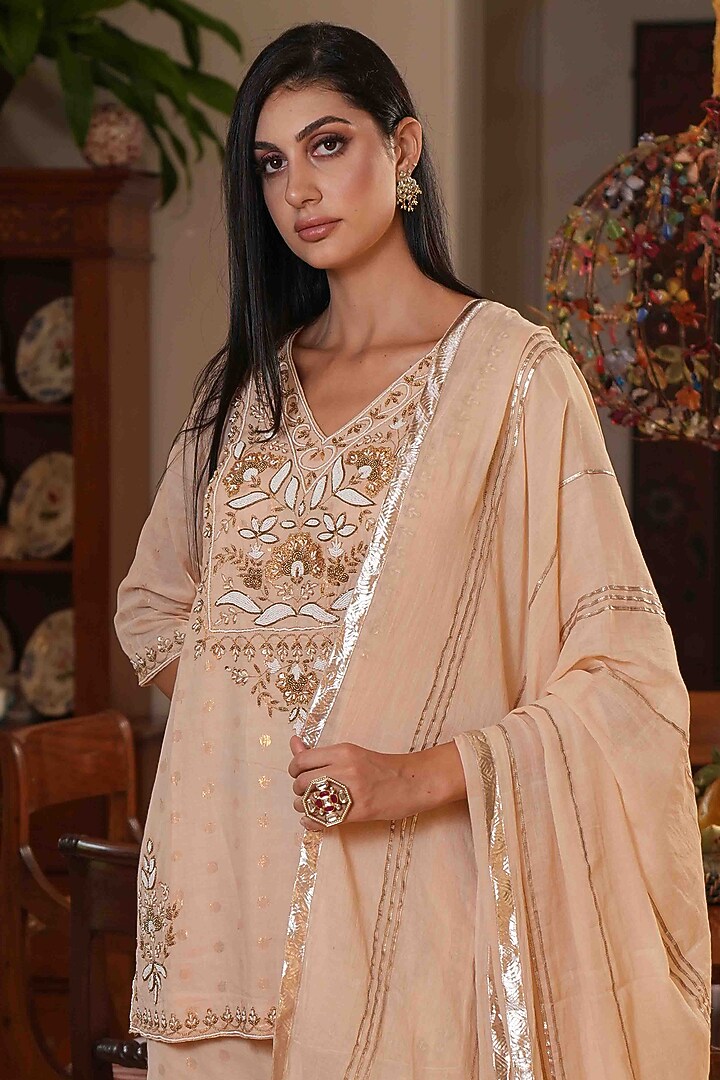 Beige Jacquard Gharara Set by Nazar By Indu at Pernia's Pop Up Shop