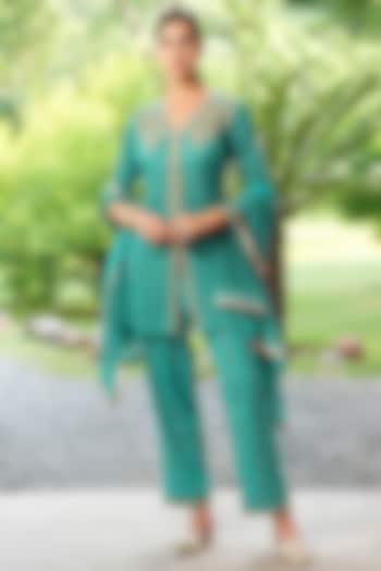 Dark Turquoise Cotton Hand Embroidered & Hand Block Printed Kurta Set by Nazar By Indu at Pernia's Pop Up Shop