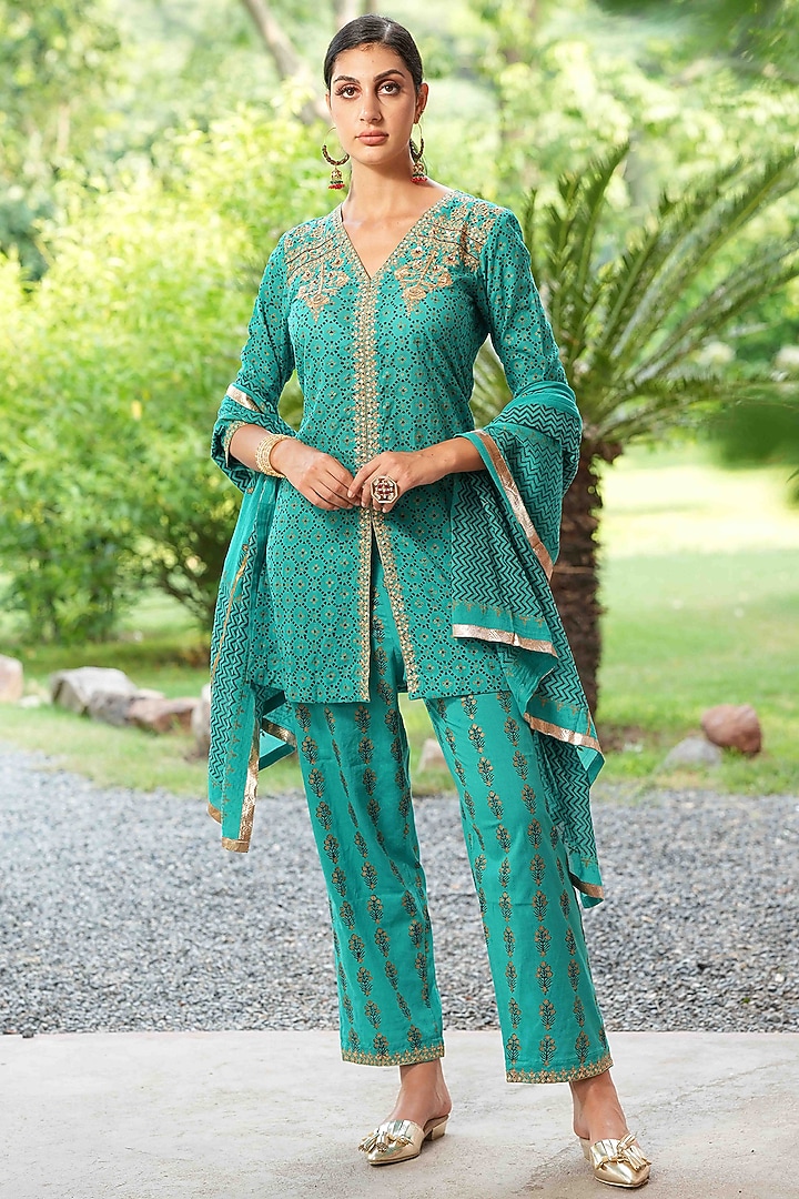 Dark Turquoise Cotton Hand Embroidered & Hand Block Printed Kurta Set by Nazar By Indu at Pernia's Pop Up Shop