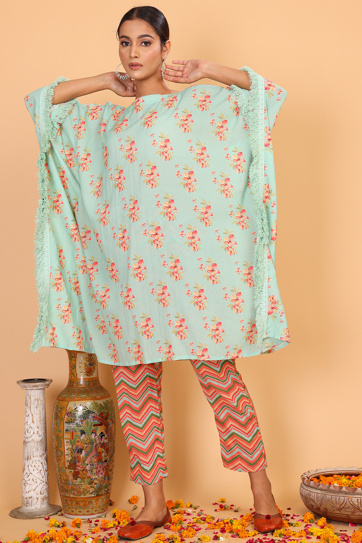 Teal Cotton Georgette Floral Kaftan Set by Nazar By Indu at Pernia's Pop Up Shop