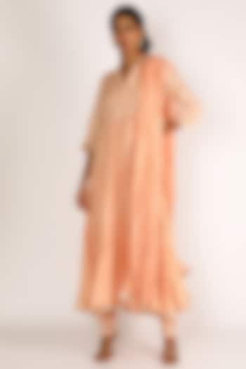 Peach Embroidered Frilled Kurta Set For Girls by Nazar by Indu - Kids