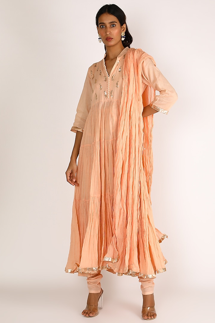 Peach Embroidered Frilled Kurta Set For Girls by Nazar by Indu - Kids
