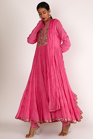 Magenta Embroidered Kurta Set For Girls by Nazar by Indu - Kids