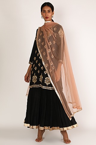 Black Embroidered Cotton Silk Gharara Set For Girls by Nazar by Indu - Kids