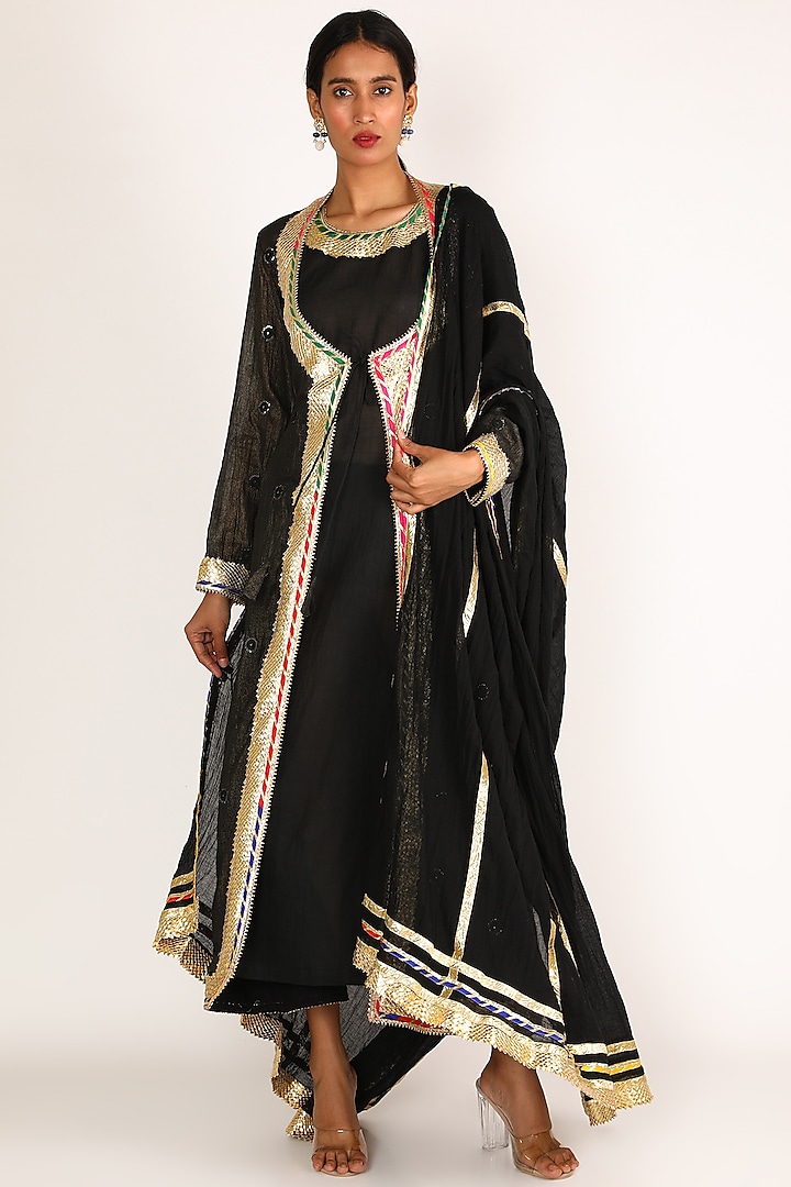 Black Embroidered Angrakha Anarkali Set For Girls by Nazar by Indu - Kids