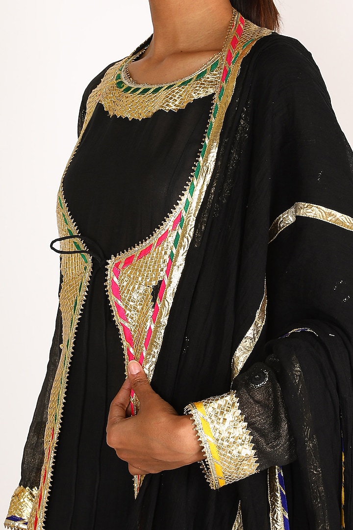 Black Embroidered Angrakha Anarkali Set For Girls by Nazar by Indu - Kids at Pernia's Pop Up Shop