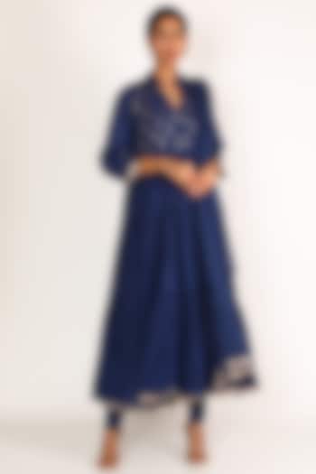 Electric Blue Embroidered Kurta Set For Girls by Nazar by Indu - Kids
