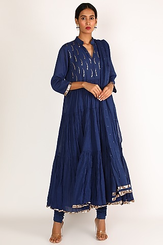 Electric Blue Embroidered Kurta Set For Girls by Nazar by Indu - Kids