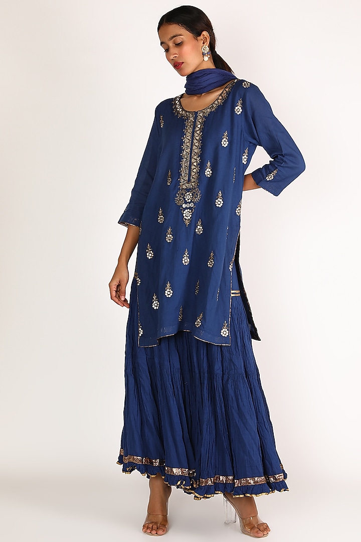 Electric Blue Embroidered Gharara Set For Girls by Nazar by Indu - Kids