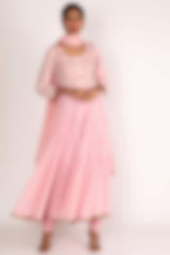 Baby Pink Embroidered Kurta Set For Girls by Nazar by Indu - Kids