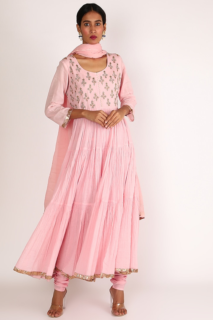 Baby Pink Embroidered Kurta Set For Girls by Nazar by Indu - Kids