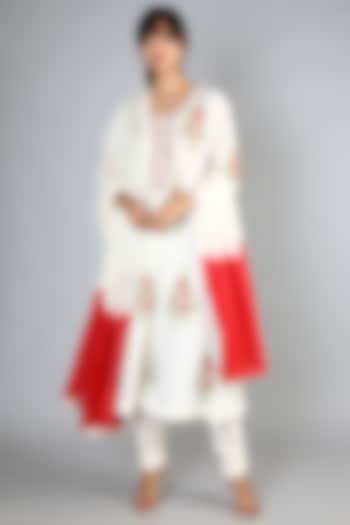 White Machine Embroidered A-Line Long Kurta Set For Girls by Nazar by Indu - Kids at Pernia's Pop Up Shop