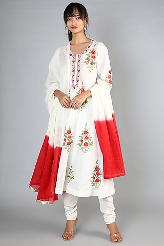 White Machine Embroidered A-Line Long Kurta Set For Girls by Nazar by Indu - Kids