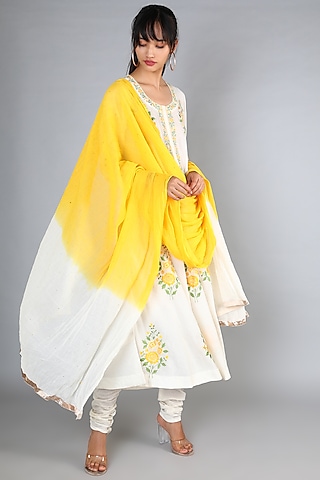 White Machine Embroidered A-Line Kurta Set For Girls by Nazar by Indu - Kids