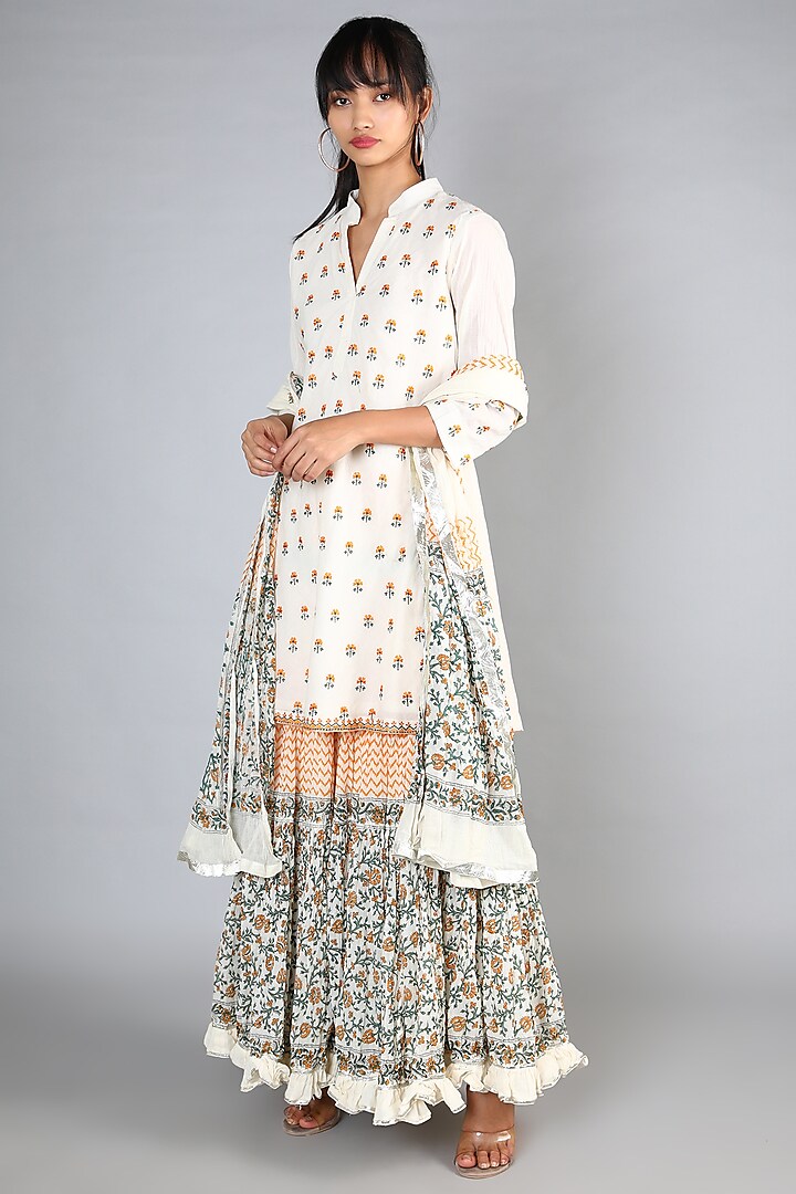 White Block Printed & Machine Embroidered Gharara Set For Girls by Nazar by Indu - Kids at Pernia's Pop Up Shop