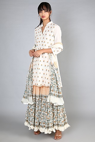 White Block Printed & Machine Embroidered Gharara Set For Girls by Nazar by Indu - Kids