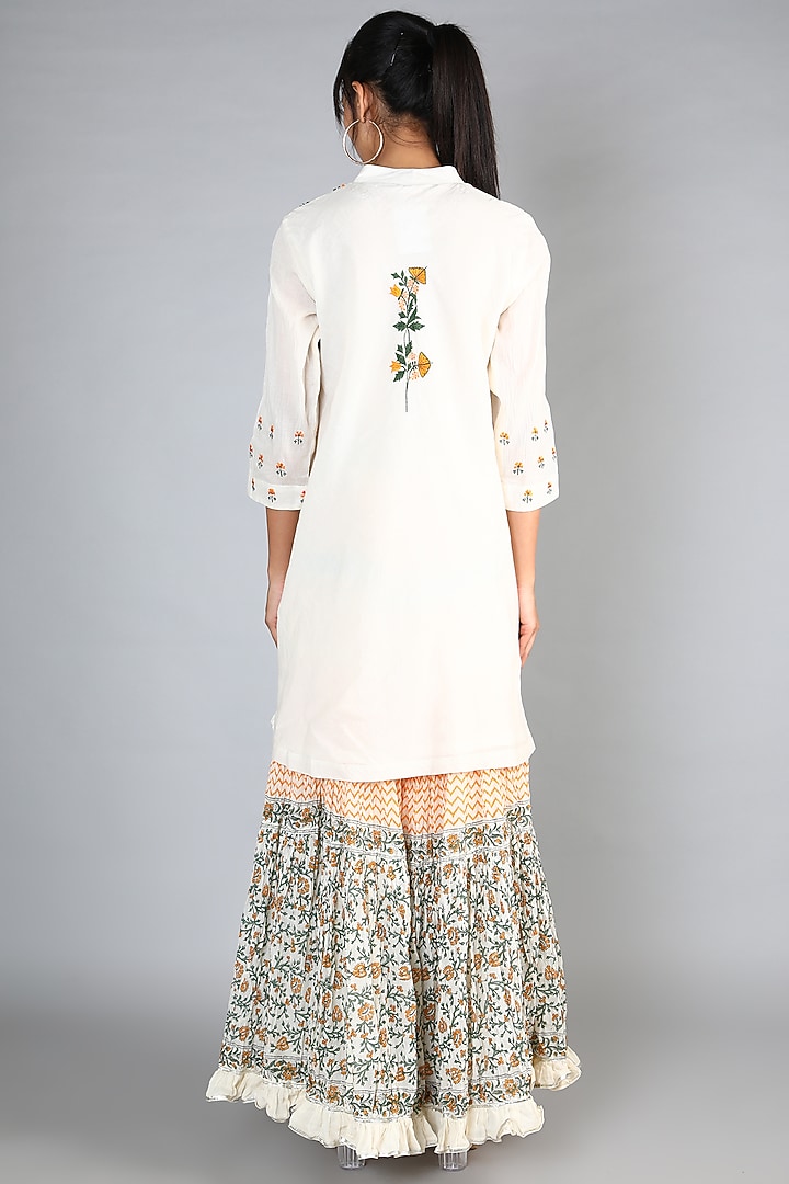 White Block Printed & Machine Embroidered Gharara Set For Girls by Nazar by Indu - Kids at Pernia's Pop Up Shop