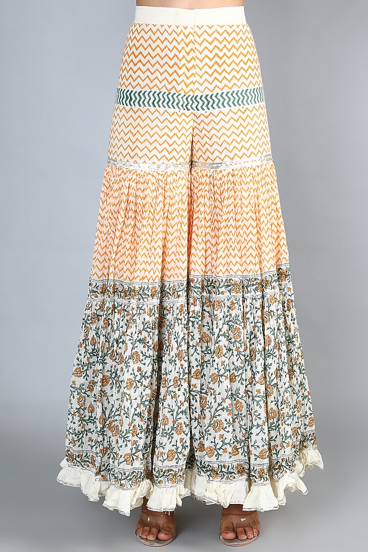 White Block Printed & Machine Embroidered Gharara Set For Girls by Nazar by Indu - Kids at Pernia's Pop Up Shop