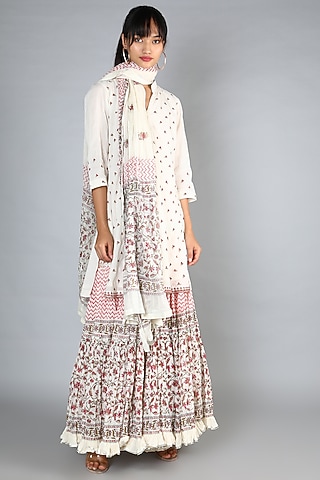 White Block Printed & Embroidered Gharara Set For Girls by Nazar by Indu - Kids